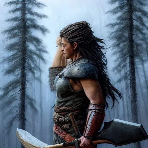 Prompt: a warrior, female, she carries an axe, the axe is resting on her shoulder, she is grabbing a nearby tree, looking onto the horizon, a big wolf is next to her, fall, mountain landscape, portrait by magali villeneuve and ames jean and artgerm and greg rutkowski, 4 k, artstation, realistic, cinematic composition, d & d