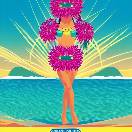 Image similar to hawaii tourism poster in style of bauhaus, hula girl, surfboard, waves, palm trees, sun, surf sand, medley of tropical flowers, lei, beautiful, symmetrical, textured, layered, ornate, detailed, chromostereopsis, 8 k