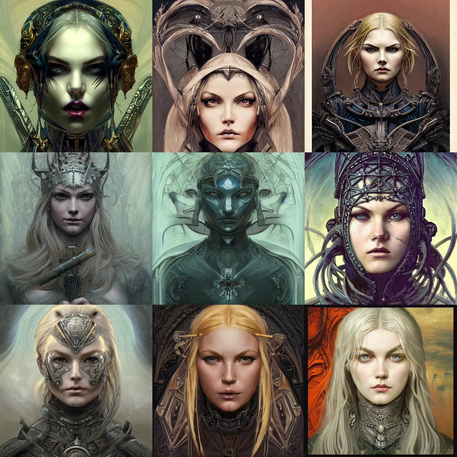 Prompt: masterpiece head-on symmetrical centered portrait, Elisha Cuthbert as a RPG warrior, fully armoured, blonde hair, fractal tarot card background, gothic painting style, victorian painting style, elegant, distant, in the style of Edgar Maxence and Ross Tran and Zdzisław Beksiński and Michael Whelan and Gustave Doré and H.R. Giger, specular highlights, 8k, octane render