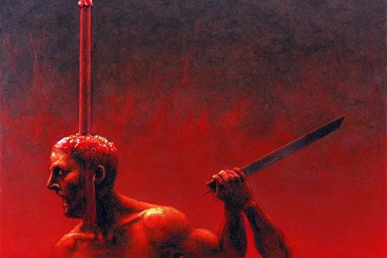 Image similar to only with red, a red melted apollo with a laurel wreath and a flaming sword announce the win, athens in the background, in the style of beksinski, part by hopper, part by rodcenko, part by hofbauer, intricate composition, red by caravaggio, insanely quality, highly detailed, masterpiece, red light, artstation