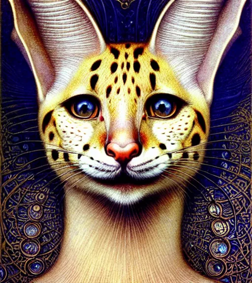 Image similar to detailed realistic beautiful serval goddess face portrait by jean delville, gustave dore, iris van herpen and marco mazzoni, art forms of nature by ernst haeckel, art nouveau, symbolist, visionary, gothic, neo - gothic, pre - raphaelite, fractal lace, intricate alien botanicals, ai biodiversity, surreality, hyperdetailed ultrasharp octane render