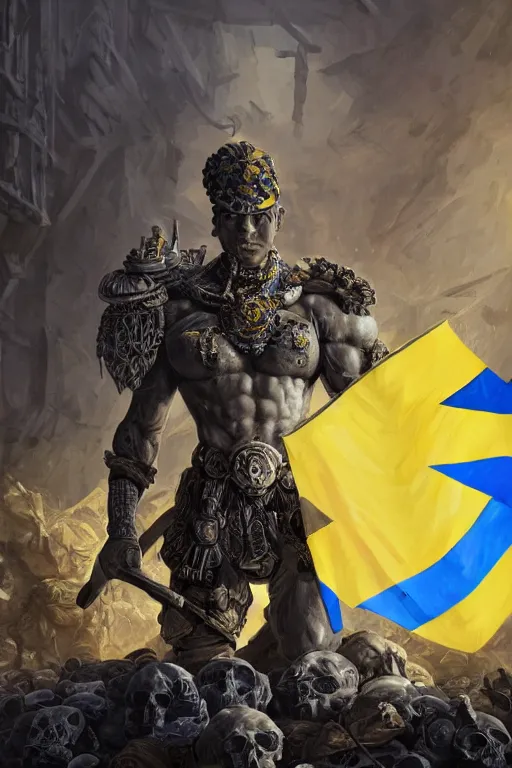 Prompt: a distant shot from behind of a Ukrainian super soldier with blue and yellow flag behind him standing alone on a huge pile of skulls as a winner, masculine muscular figure, D&D, fantasy, intricate, elegant, highly detailed, extremely detailed, rim lighting, octane render, 8k, digital painting, artstation, concept art, matte, sharp focus, symmetrical, illustration, art by Artgerm and Greg Rutkowski and Alphonse Mucha