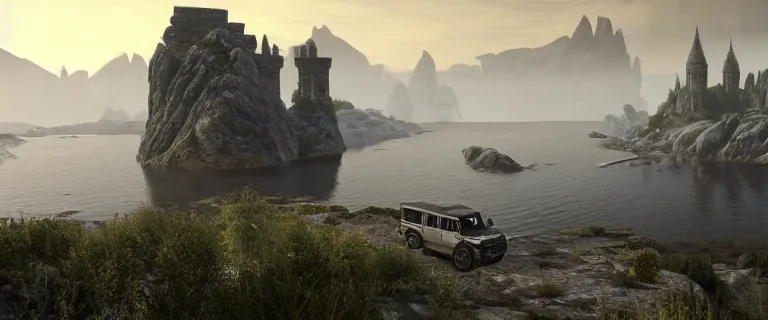 Prompt: Land Rover Defender 110 (1985), The Elder Scrolls V: Skyrim, Solitude seen in the distance, Blue Palace is seen in the distance on a stone arch, Haafingar Hold, an epic fantasy, the sea seen behind the city, dramatic lighting, cinematic, establishing shot, extremely high detail, photorealistic, cinematic lighting, artstation, by simon stalenhag