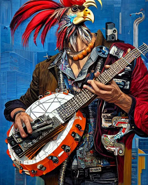 Image similar to a portrait of an anthropomorphic cyberpunk rooster shredding a banjo by sandra chevrier, by jon foster, detailed render, tape deck, epic composition, cybernetics, 4 k realistic, cryengine, realistic shaded lighting, sharp focus, masterpiece, by enki bilal