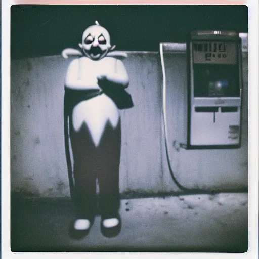 Prompt: creepy clown at gas station at night, polaroid, analog photograph, 8 mm, found footage