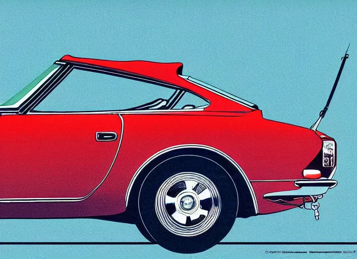 Image similar to highly detailed 1 9 6 9 red datsun fairlady roadster, retro minimalist art by jean giraud, moebius starwatcher comic, sharp, 8 k