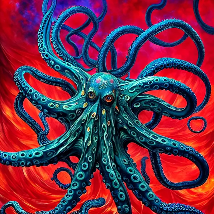 Image similar to depicting an octopus, in the style of h. p. lovecraft, exuberant organic elegant forms, by karol bak and filip hodas : : 1. 4 purple, red, blue, green, black intricate mandala explosions : : intuit art : : turbulent water backdrop : : damask wallpaper : : atmospheric