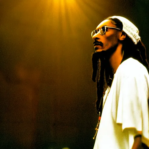 Prompt: cinematic film still of Snoop Dogg starring as Bob Marley, directed by Spike Lee, candid photo, 1999, Jamaica, shallow depth of field, , photograph, epic lighting