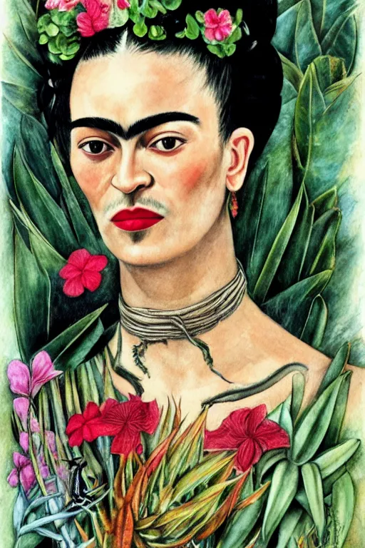 Prompt: frida kahlo realistic portrait closeup surrounded by tropical plants and flowers, art by luis royo and walter crane and kay nielsen, watercolor illustration,