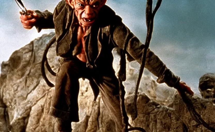 Prompt: a cinematic still of gollum as indiana jones in in indiana jones and the last crusade ( 1 9 8 9 ),