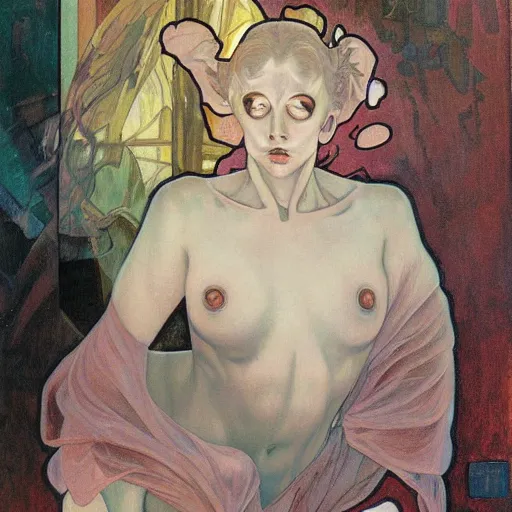 Prompt: A ghostly woman crawling out of a mirror, horror, oil on canvas, in the style of Range Murata and Alphonse Mucha