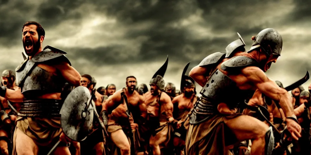 Image similar to cinematic film still of joe biden as leonidas shouting in 3 0 0 movie, 8 k, epic moody sky, dramatic lighting