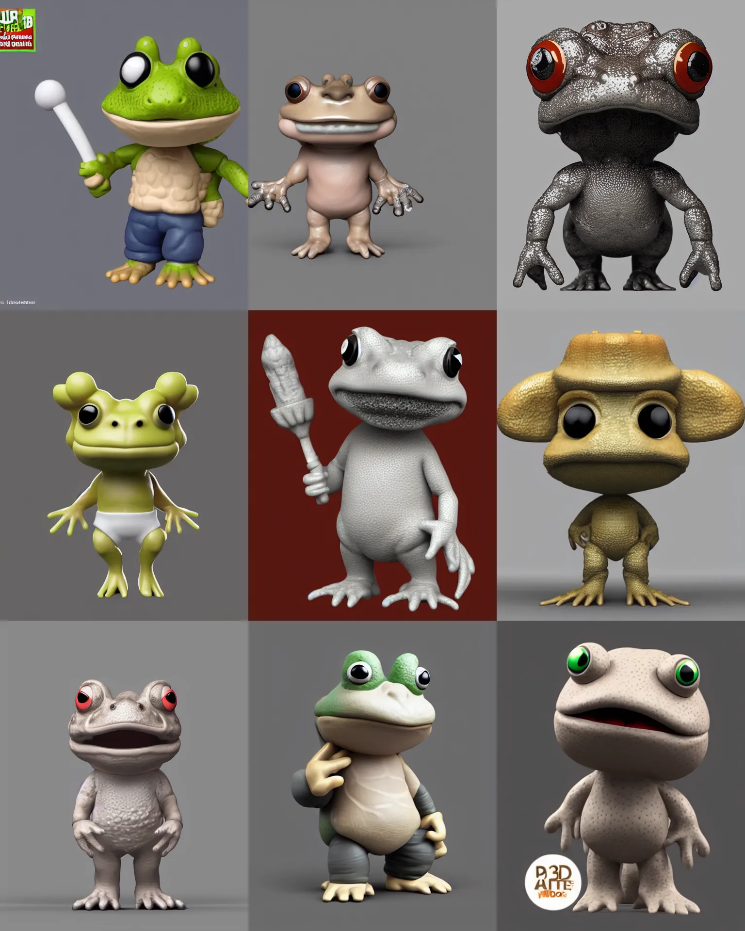 Prompt: full body 3 d render of a toad as a funko pop!, studio lighting, grey background, single body, no shadow, blender, trending on artstation, 8 k, highly detailed