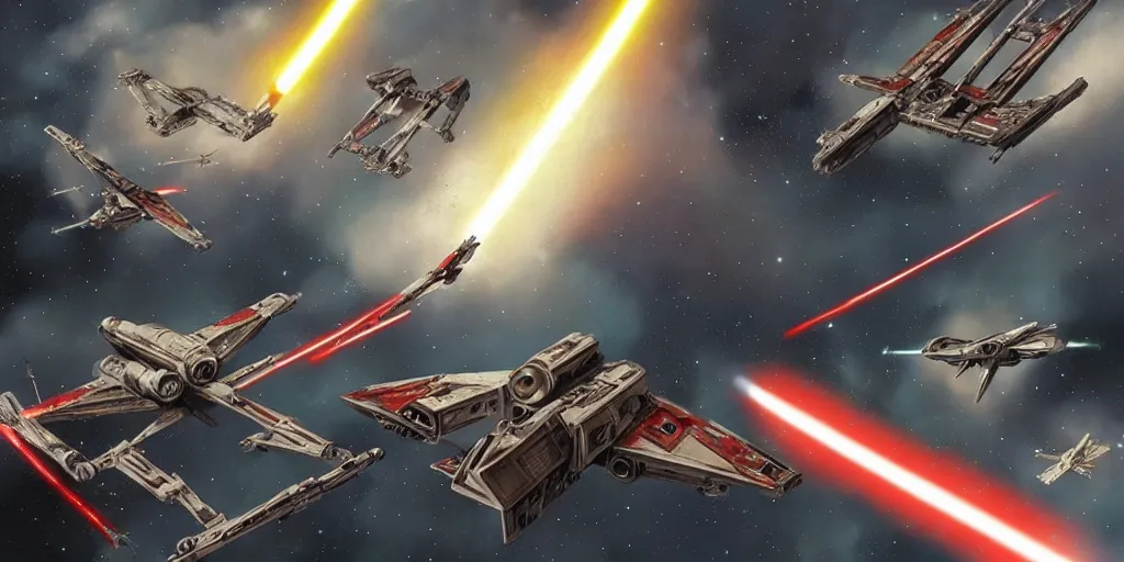 Image similar to Star Wars concept art of the an X-wing battle in space by Ryan Church