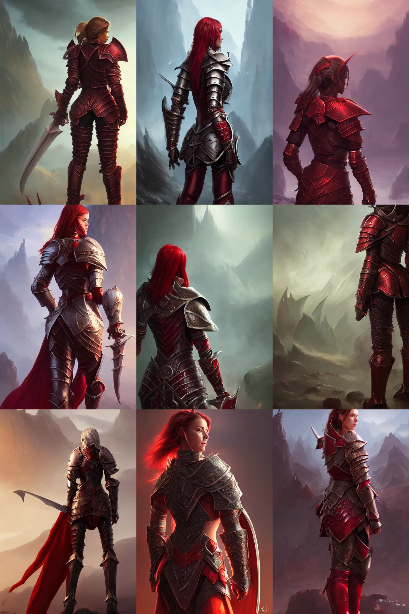 Prompt: Female paladin, dnd, d&d, red leather armor, looking from behind, high fantasy, matte painting, by wlop