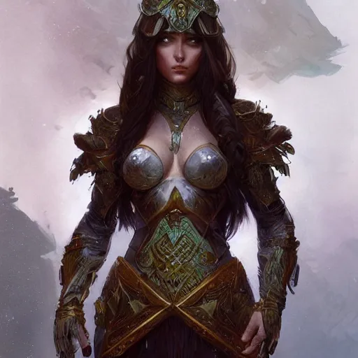 Image similar to fullbody portrait of a fantasy female warrior, intricate, elegant, highly detailed, digital painting, artstation, concept art, matte, sharp focus, illustration, art by Artgerm and Greg Rutkowski and Alphonse Mucha