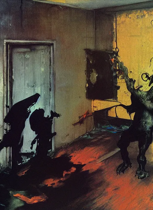 Image similar to two dark figures laughing and a black dog inside a decayed contemporary living room with large oxygen tank in the style of Francis Bacon and Zdzislaw Beksinski, Edward Hopper and Norman Rockwell, highly detailed, very coherent, triadic color scheme