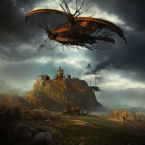 Image similar to a flying steampunk fortress, intricate, behrens style, octane render, fantasy digital art, beautiful composition, trending on artstation, windy, by eugene von guerard, ivan shishkin, night, red lightning, storm, dramatic lighting,