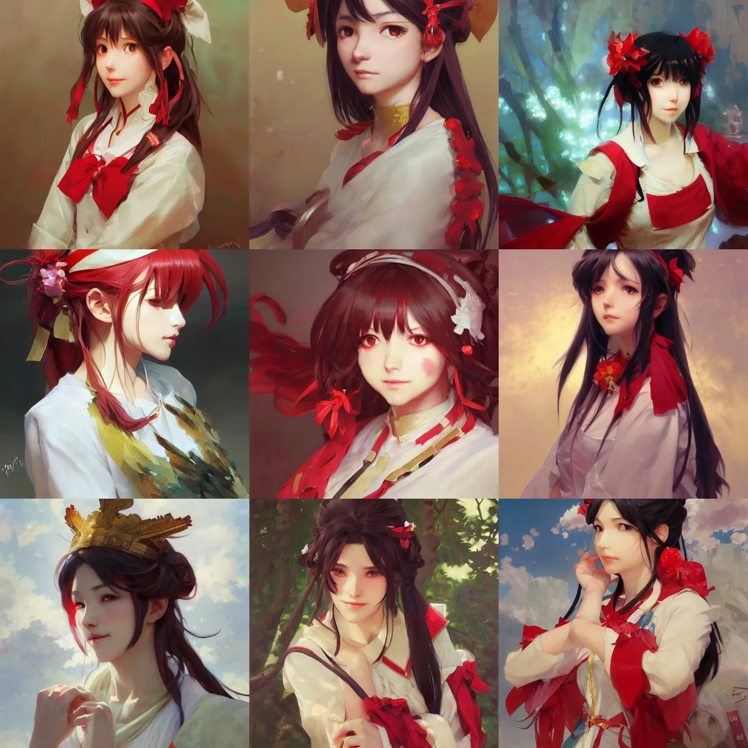 Prompt: a portrait painting of reimu hakurei, by wlop, by ruan jia, by krenz cushart, by artgerm, by greg rutkowski, by alphonse mucha, marble, gold, unreal engine 5