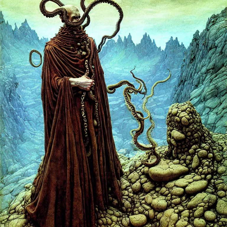 Image similar to A detailed blue-eyed tentacleheaded human stands among the mountains with a pebble in hands. Wearing a ripped mantle, robe and boots. Extremely high details, realistic, fantasy art, solo, masterpiece, art by Zdzisław Beksiński, Arthur Rackham, Dariusz Zawadzki
