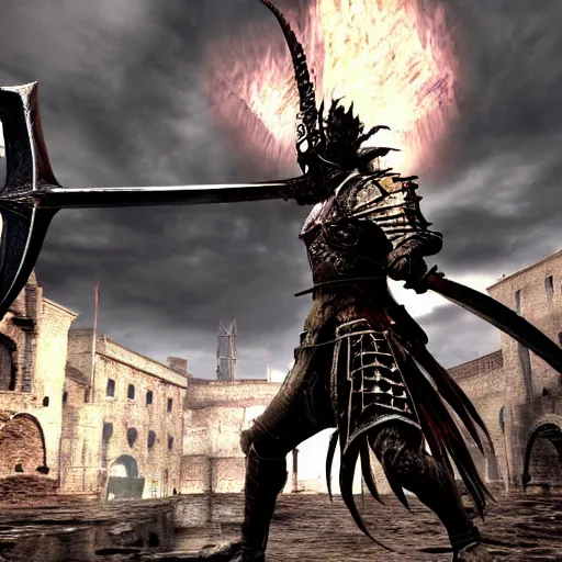 Prompt: demon souls warrior woman sword large dragon, 4 k highly detailed raytracing wide angle