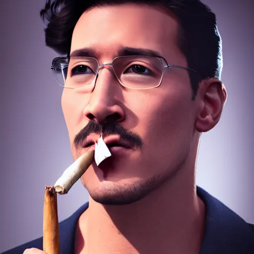 Image similar to a closeup photo of handsome gigachad markiplier smoking a cigar, 8k photorealism, extremly detailed, trending on artstation