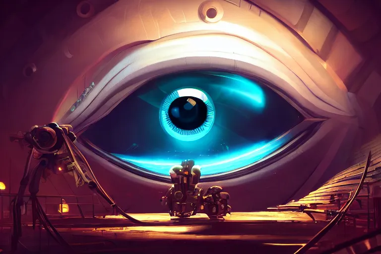 Prompt: a giant mechanical eye, cinematic lighting, abstract, glow, wlop, artgerm, dan mumford, artstation, unreal engine 5, octane render