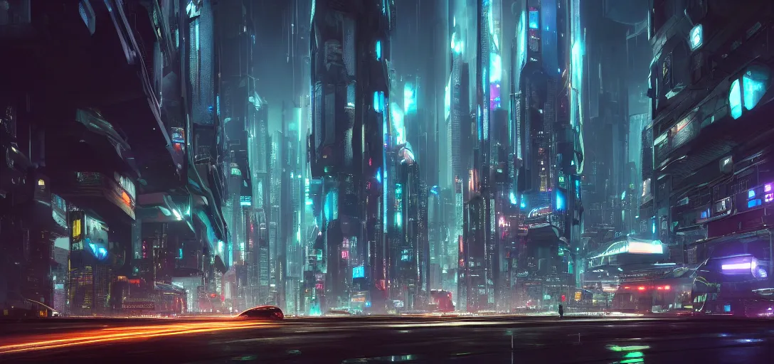 Image similar to view from the ground of a futuristic cyberpunk city at night in rain, with flying cars, symmetry, cinematic lighting, ultra detailed, sharp, ambient occlusion, raytracing, by greg rutowski, paul chadeisson and jessica rossier