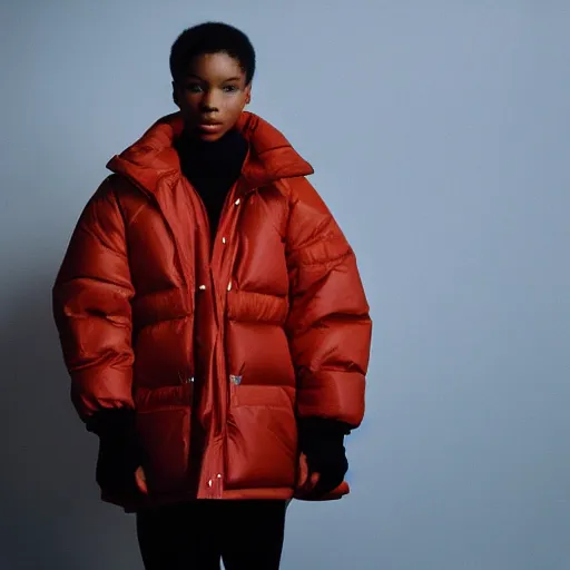 Image similar to realistic! photoshoot for a new balenciaga lookbook, color film photography, portrait of a beautiful woman wearing a puffer jacket, photo in style of tyler mitchell, 35mm