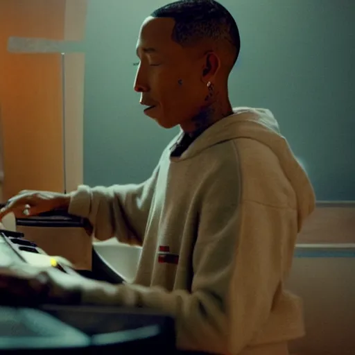 Image similar to cinematic film still of Pharrell Williams Making A Beat with an anthropomorphic alien, Japanese VFX, 2018, 400mm lens, f1.8, shallow depth of field,film photography