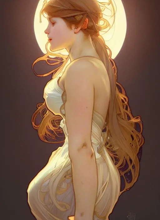 Image similar to digital character concept art by artgerm and greg rutkowski and alphonse mucha. clear portrait of a modern young wife blessed by god to unstoppably grow more perfect and fertile!! blonde, in clothes! holy full - figured! shy, light effect. hyper detailed, glowing lights!! intricate, elegant, digital painting, artstation, smooth, sharp focus