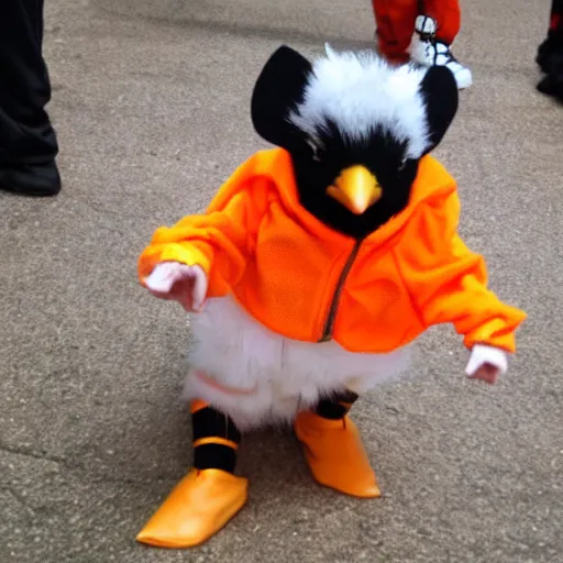 Image similar to cute baby chick dressed as an inmate