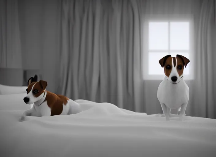 Image similar to photography of a Jack Russel . watching outside the window. on a bed. in a white room. octane render,volumetric light, volumetric fog, photorealistic,, award winning photo, 100mm, sharp, cloth, high res