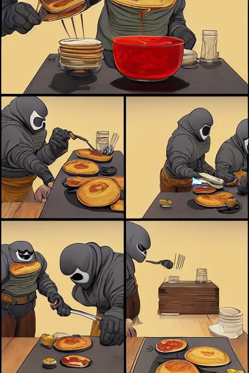 Image similar to mf doom making pancakes, animation pixar style, by pendleton ward, magali villeneuve, artgerm, rob rey and kentaro miura style, golden ratio, trending on art station