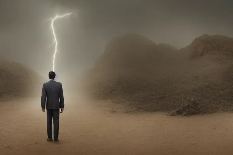 Prompt: a cinematic le photograph of a man dressed in a business suit trekking through a desert, dust storm, thunder and lightning, lee madgwick and zack snyder, 8 k, hd, high resolution, 3 5 mm, f / 3 2, tenet