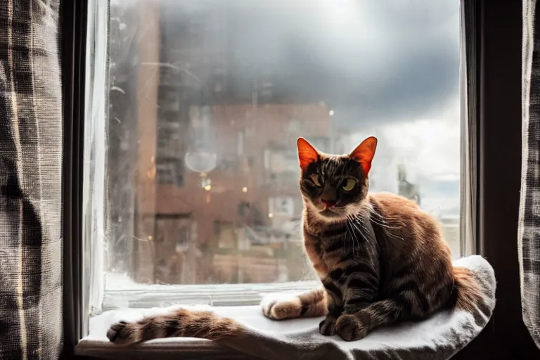 Image similar to cat sitting on the windowsill wrapped in a plaid plaid, Mushroom cloud far behind