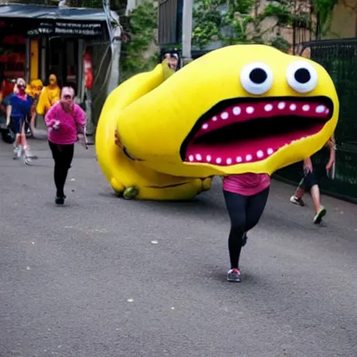 Prompt: a giant banana covered in eyeballs, scared people running