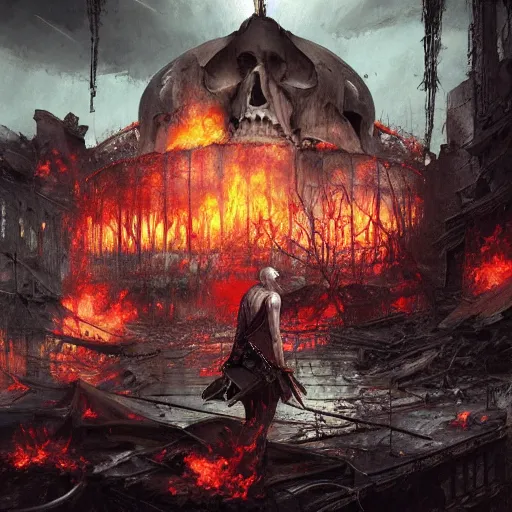 Prompt: a bloody knife halfway into a skull on its side, flames. Apocalyptic, ruins, gloomy, dark. By Makoto Shinkai, Stanley Artgerm Lau, WLOP, Rossdraws, James Jean, Andrei Riabovitchev, Marc Simonetti, krenz cushart, Sakimichan, trending on ArtStation, digital art.