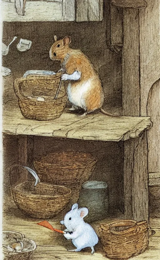 Prompt: a Beatrix potter illustration of mice cleaning the kitchen
