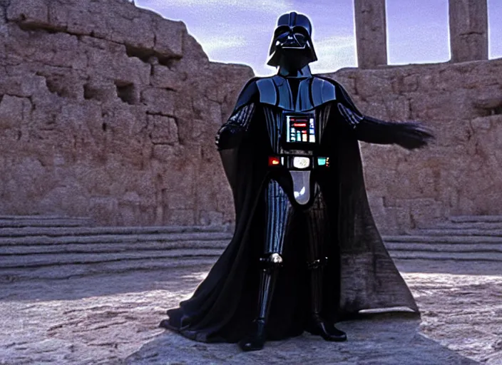 Image similar to film still of Darth Vader as Maximus in the arena with his arms out saying are you not entertained in Gladiator 2000, 4k