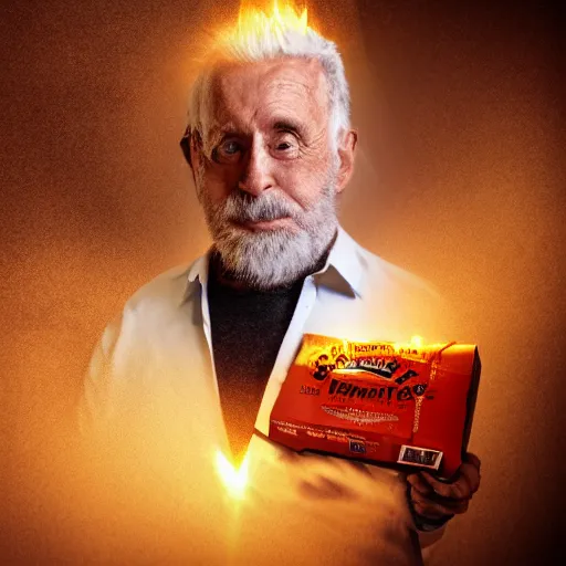 Image similar to of a realistic portrait of an old man, with short beard, very mess hair, sitting in a cough upfront of tv, crashed pop can and empty pizza boxes all over. volumetric light. high resolution. very high details.