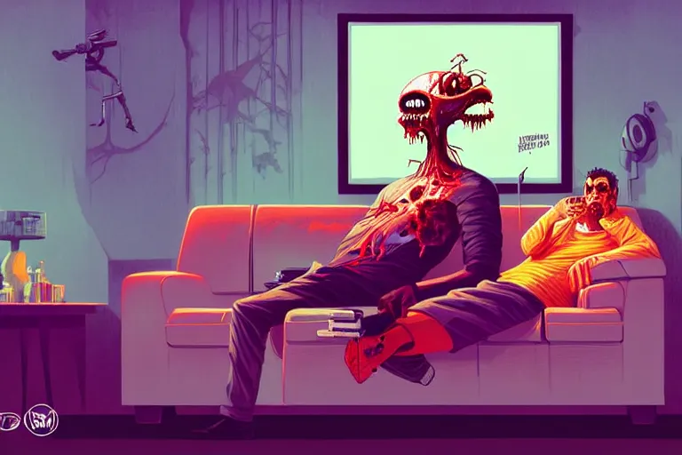 Image similar to a zombie dad sitting on the couch and watching tv, tristan eaton, victo ngai, artgerm, rhads, ross draws