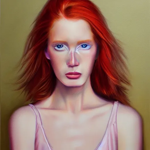 Image similar to hyperrealism oil painting of crying redhead fashion model portrait