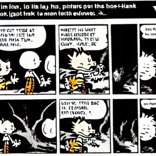 Prompt: calvin and hobbes got really dark all of a sudden. newspaper strip from the 1 9 8 0 s