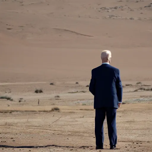 Image similar to a far away shot of Joe Biden standing in the middle of the desert