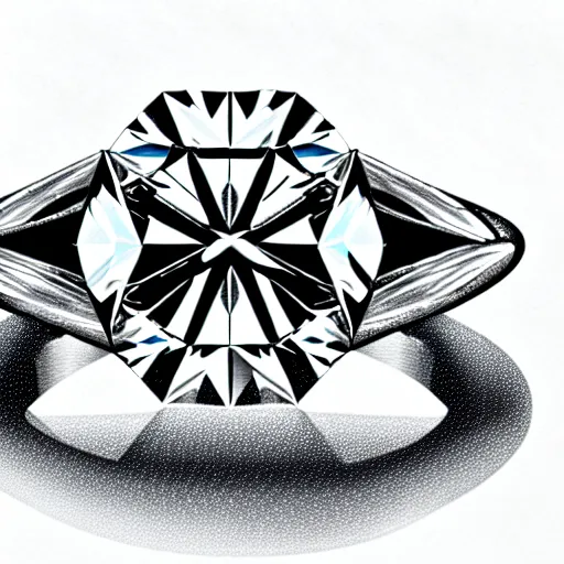 Image similar to sketch of engagement ring with two smaller diamonds outside and one bigger diamond in the middle, detailed, concept art, victorian, schematic