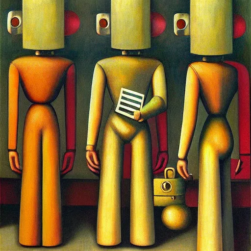 Prompt: three brutalist robot judges portrait, grant wood, pj crook, edward hopper, oil on canvas