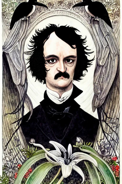 Image similar to realistic portrait of edgar allen poe in the center of an ornate white lily flower frame with ravens, detailed art by kay nielsen and walter crane, illustration style, watercolor