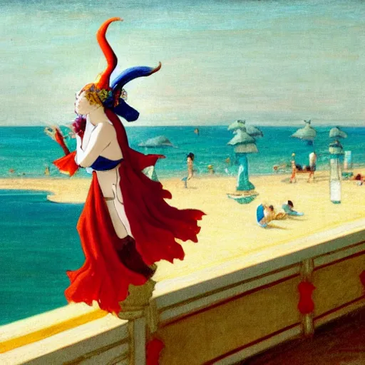 Image similar to A jester on the front of a Balustrade with a beach on the background, a colab between studio ghibli and paul delaroche