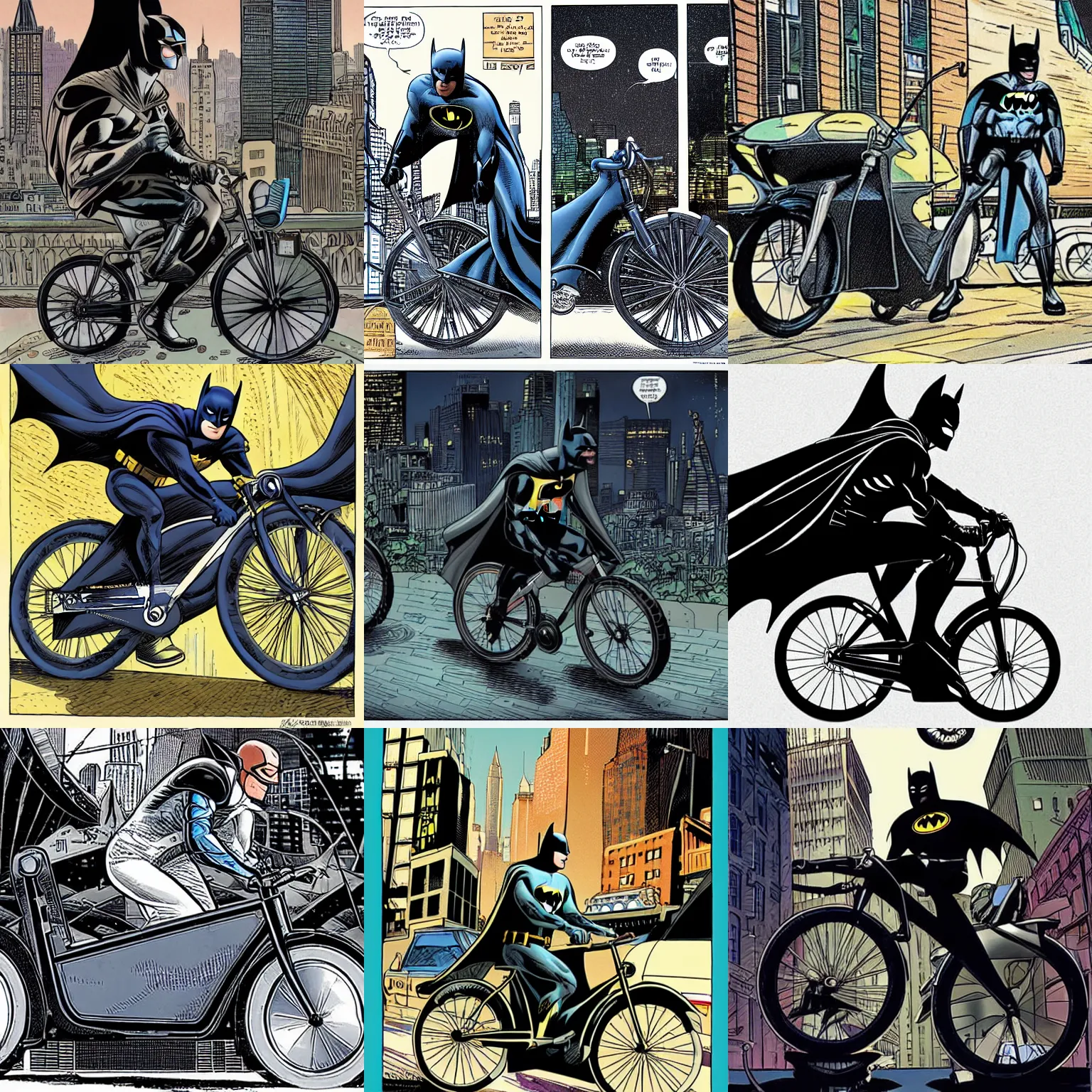 Prompt: Batman riding a VanMoof S3 in Gotham City, style of Moebius